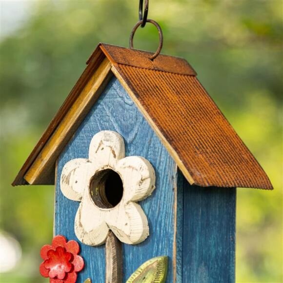 Distressed Decorative Solid Wood Birdhouse, 10.25 Inch Tall, Blue - Picture 6 of 8